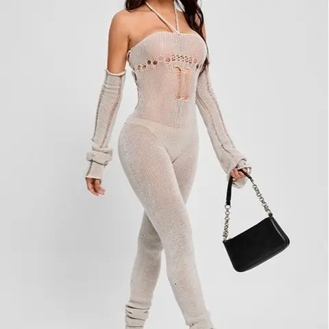Women's Halter Neck Stretchy Overalls Pants - Spandex-Polyester Fabric, Distressed Stitching, Long Sleeve Drop Shoulder, Fitted Normal Type, Hollow-Out Crochet Design, Plain Lightweight Sexy Outfits Jumpsuit