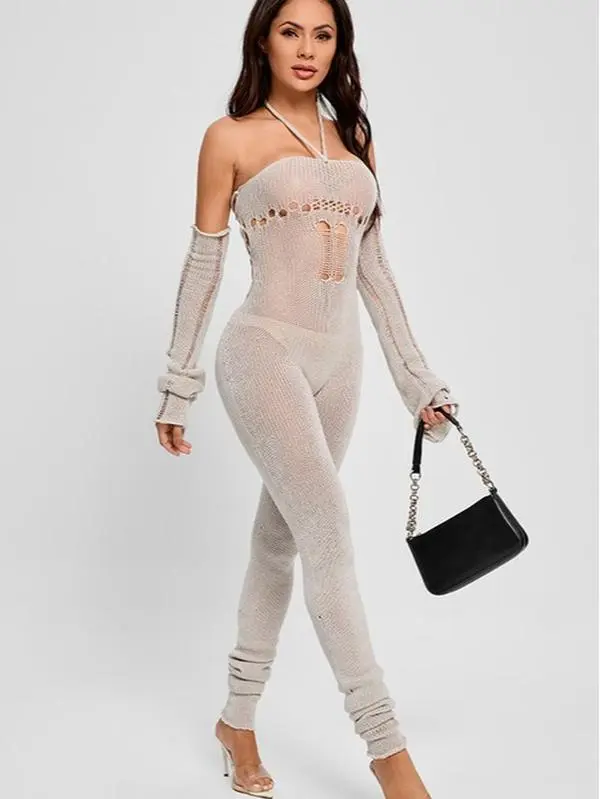Knitted Hang-neck Hollow-out Jumpsuit Fabric Fitted Womenswear Distressed Knit Stitching Material