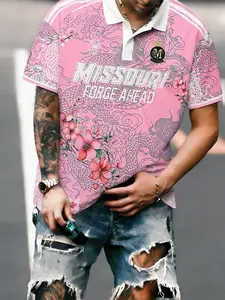 Men's Oversize Dragon Floral Colorblock Polo Short Sleeve, American Vintage Sporty Casual Flip Collar T-Shirt, Streetwear Style