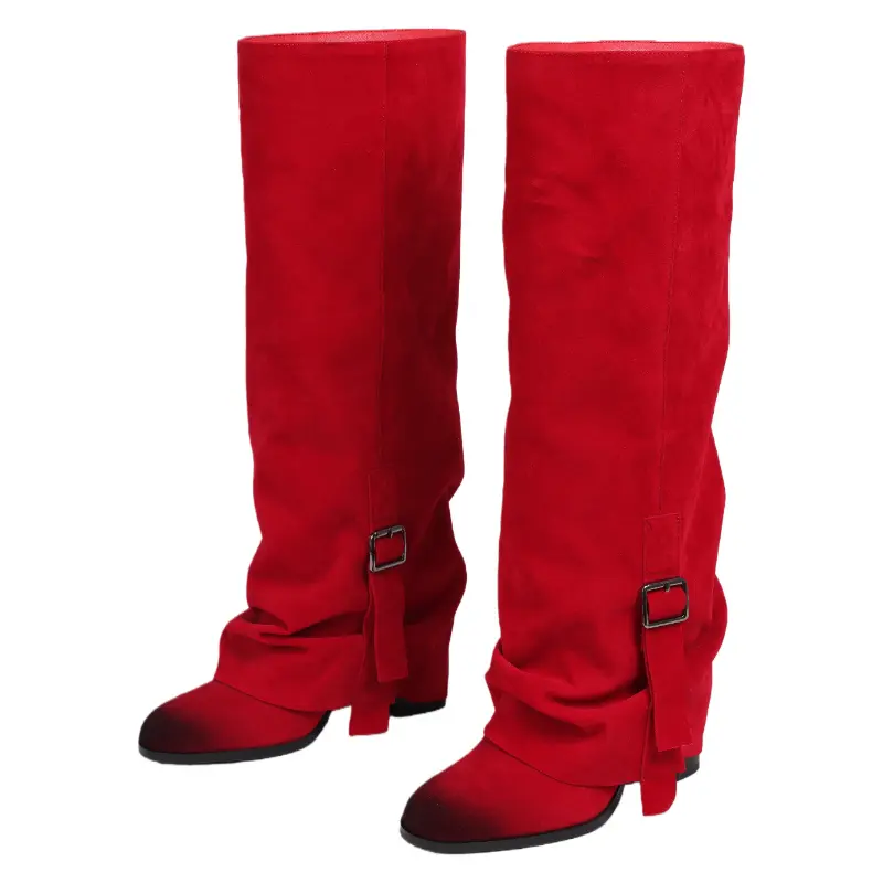 Women's Red Knee-High Boots, Elegant Western Faux Suede Statement Shoes with Fold-Over Cuff and Buckle Design for Rodeo Outfit Inspo, Cowgirl