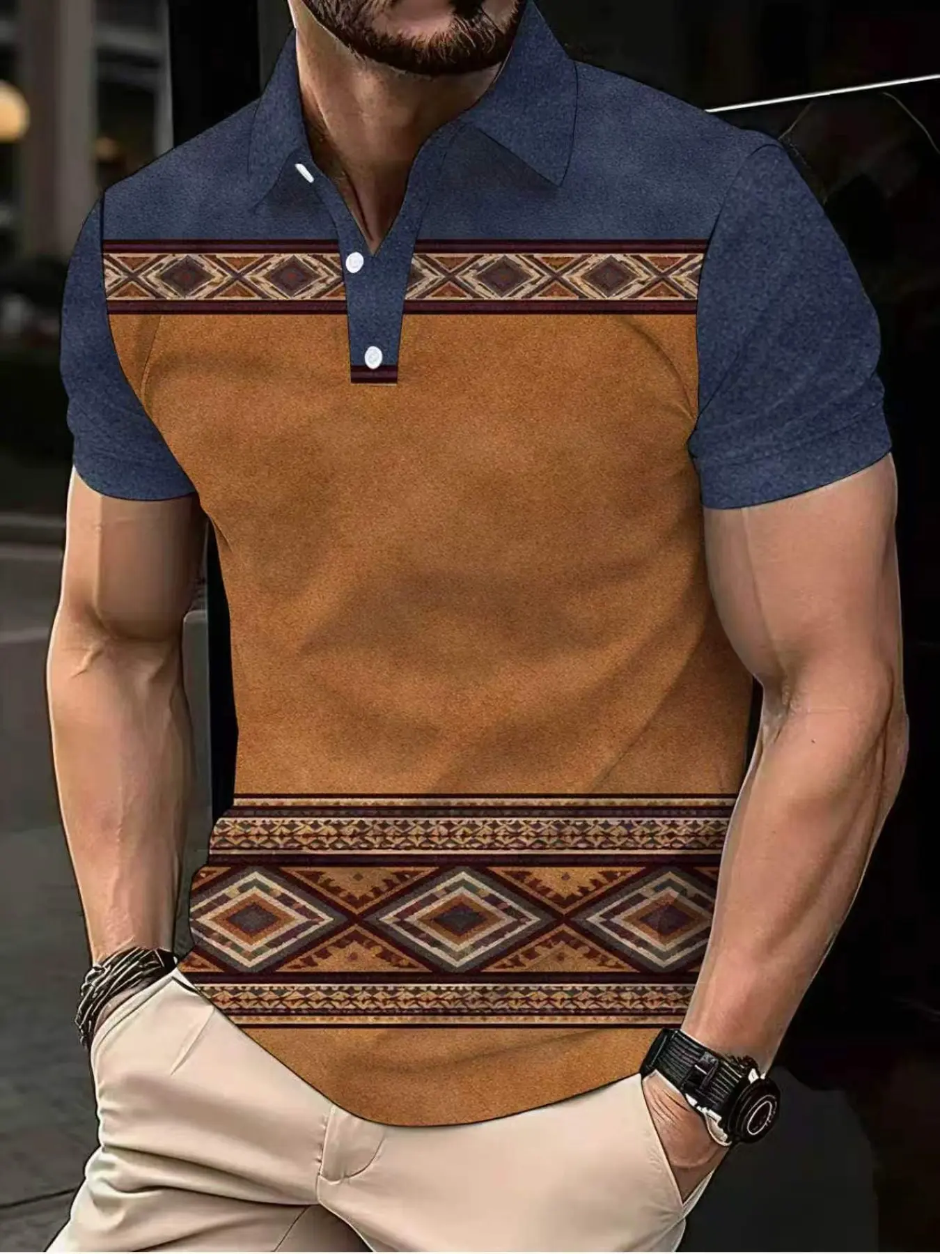 National style diamond-shaped geometric patchwork printed men's casual collarless short-sleeved Polo shirt