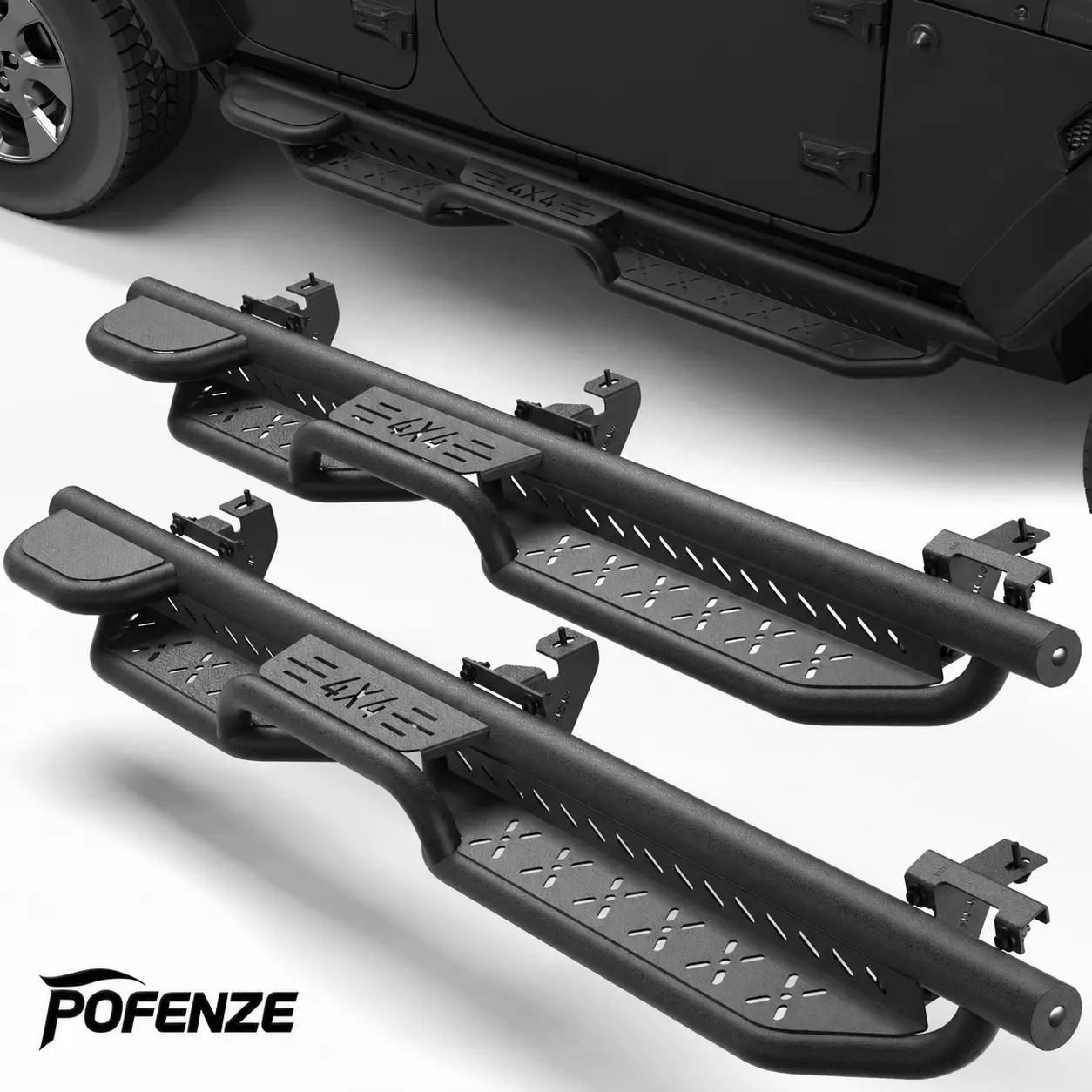 POFENZE-NADIA Black Powder Coated Carbon Steel Running Boards - Automotive Nerf Bars Side Steps for 2018-2025 4-Door Jeep Wrangler JL Unlimited, Winch Plate Compatible Auto Body Replacement Parts, Off Road Accessories sohochic