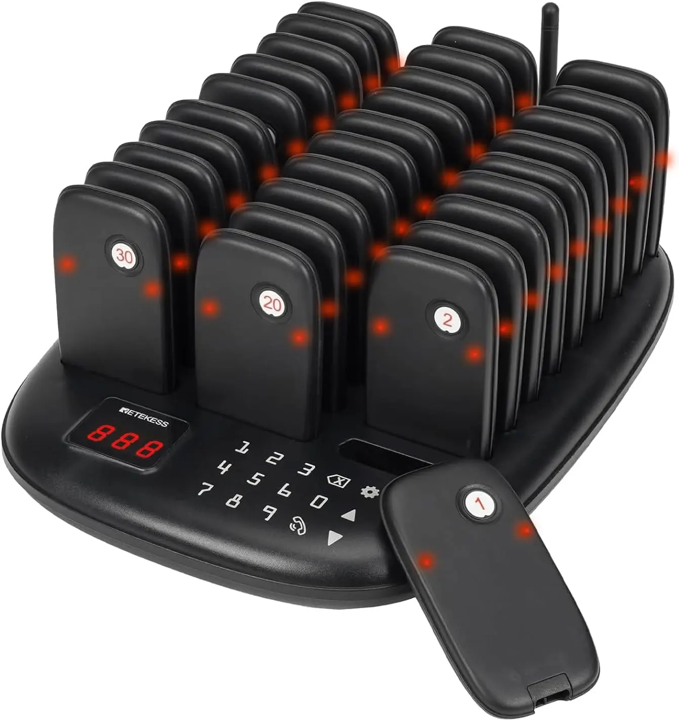Restaurant Pager System with 30 Beepers, 800M Call Range, Vibration, Flashing, Buzzer, Touch Keyboard, Plug-and-Play for Restaurant, Food Court | Access Control Office Equipment