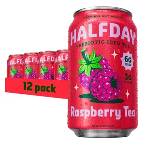 HALFDAY Prebiotic Raspberry Iced Tea Cans, Supports Digestive & Gut Health, 6g Plant Fiber & Prebiotics, Low Sugar, 35 Calories, Real Brewed Tea, Natural Caffeine, Gluten Free, 12 fl oz (12 pack) Packaging May Vary