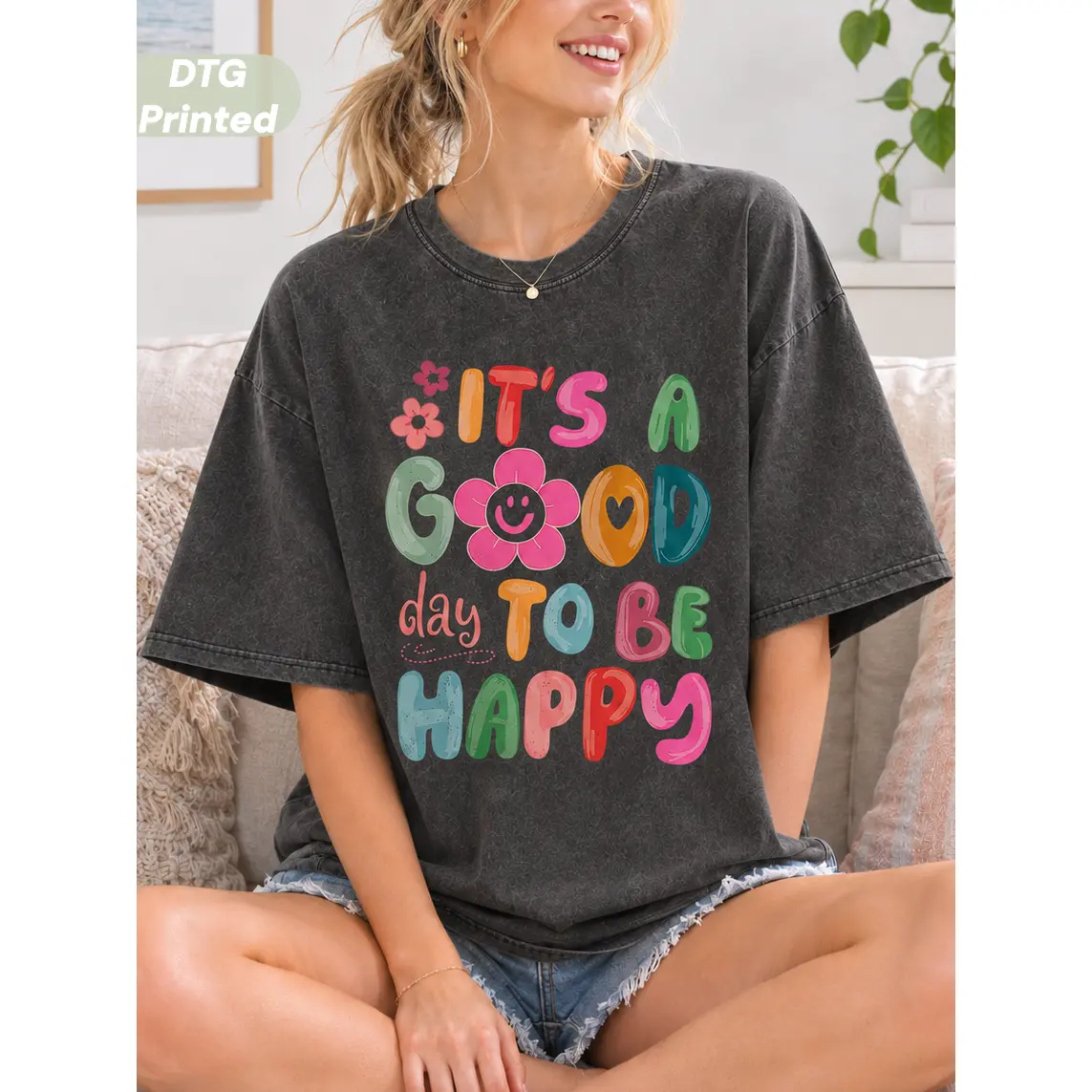 MUSEBEAU 100% Cotton It's a Good Day To Be Happy DTG Printed Short-Sleeve Womenswear Top Vintage Washed Graphic T-Shirt,Retro Boho Hippie Shirt, Mental Health Shirt, Positive Inspiration Tee, Aesthetic Tee,Summer Outfit, Soft Breathable Everyday Wear