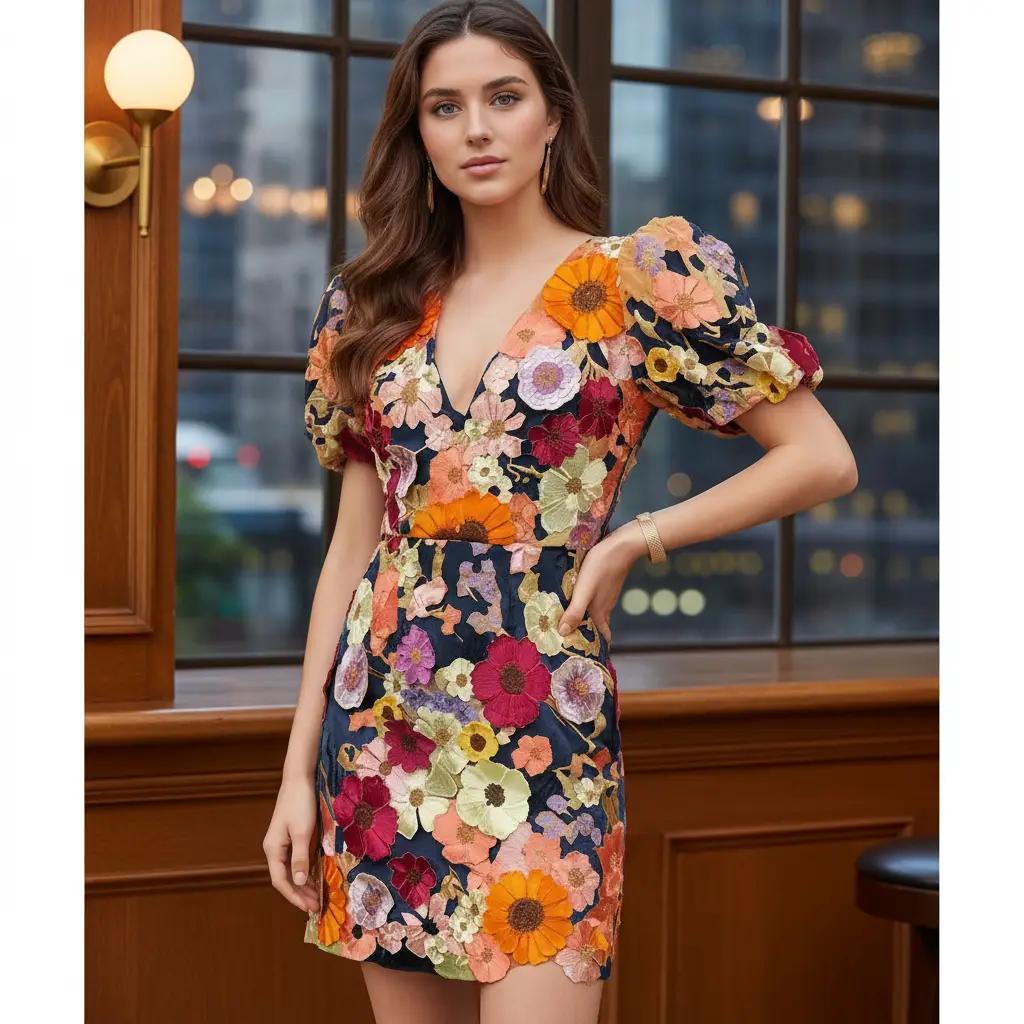 Women's Summer 3D Floral Embroidery Dresses Puffy Sleeve Tulle V-Neck Lace Mesh Mini Dress