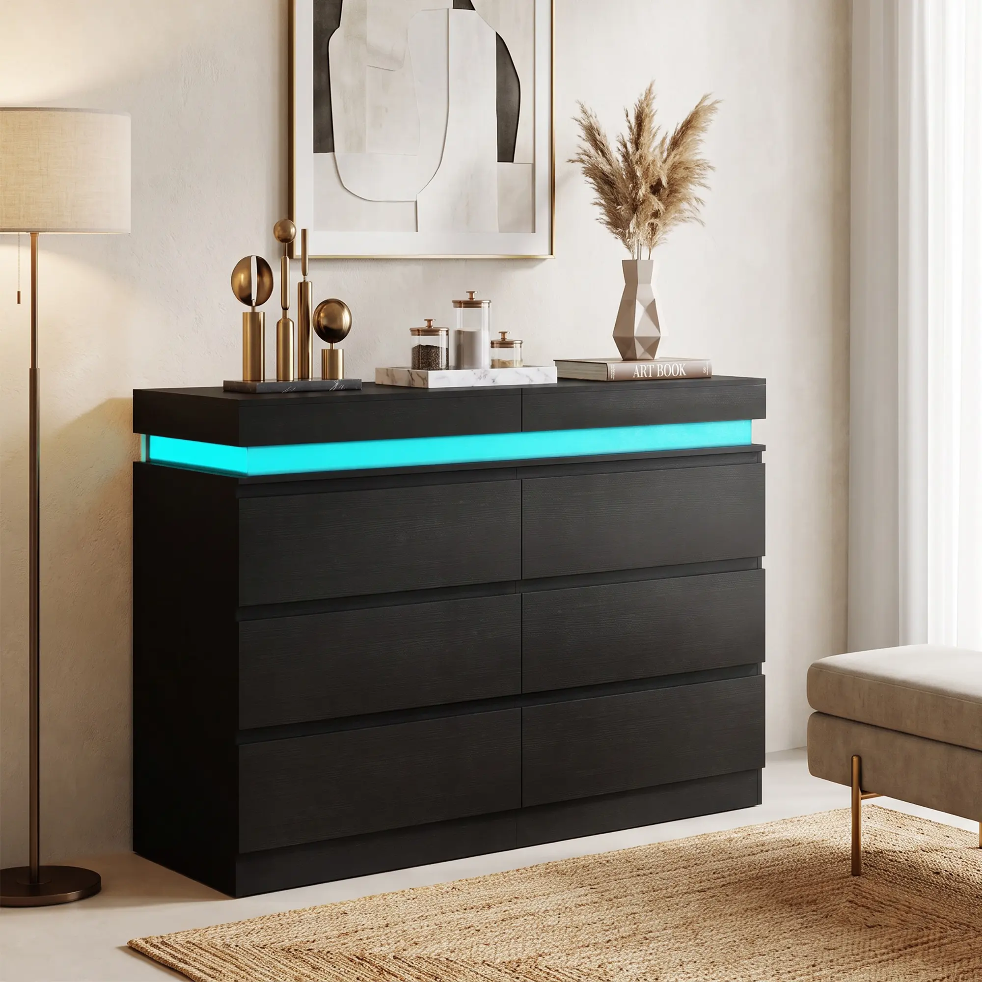 Spaco 47" Black Dresser with Sliding Top & RGB LED – 6-Drawer Smart Chest with Wireless Charging & USB/Type-C Ports, Hidden Display Shelf for Bedroom & Living Room