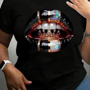 BelleHeaven Plus Size Lip Graphic Shirts, Women'S T-Shirts Top Womenswear Summer Streetwear Cotton Breathable