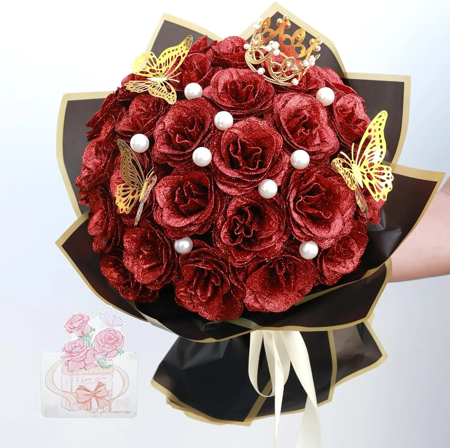 Glitter Roses Bouquet Graduation Gifts, Shiny Artificial Roses  with Stems DIY  Glitter  Bouquet for Anniversary Graduation Birthday Wedding, 24 Roses (Red)