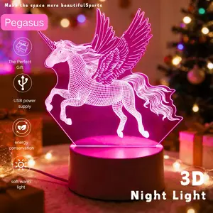 1pc 3D Cute Pegasus Night Light, USB Powered Lamp, Visible Switch Button, Creative Gift, Atmosphere Table Lamp, Christmas Party Decoration, Led Lighted