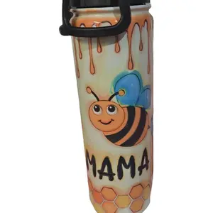 Mama Bee 22 oz Water Bottle Canteen Tumbler with Lid & Straw - Fun Bee Design - Cup, Drinkware Washable Reusable Mug Portable Bottled