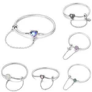 Love Heart Safety Chain Bracelet 925 Silver Original Bracelet Clover Snake Chain For DIY Charms 17-20CM Wedding Jewelry Gift
