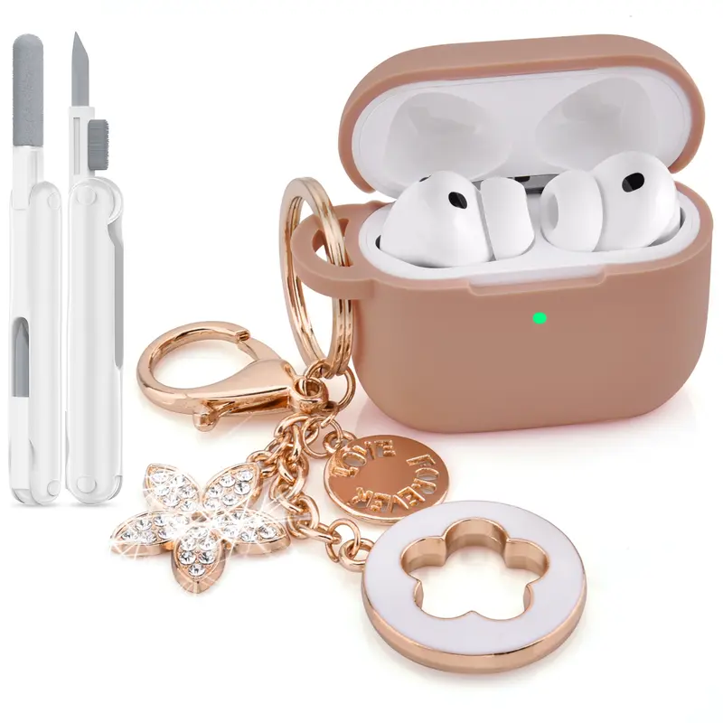 VISOOM Chic Portable Flocked Sponge-Lined TPU Silicone Case for 2025 AirPods Pro 3rd Gen Earbuds - 360° Guard, Secure Grip, Bling Keychain, Complete Cleaning Kit with High-Density Brush & White Cleaning Pen
