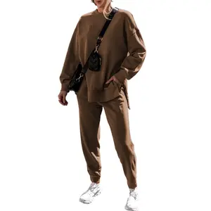 Women's Coffee Solid Color High Low Pullover and Skinny Pants Set - Casual Chic Outfit