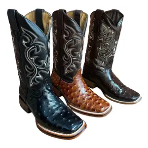 Men's Western Cowboy Rodeo Genuine Cowhide Leather Square Toe Boot With Ostrich-Print Embossed Pattern Est.380 Texana