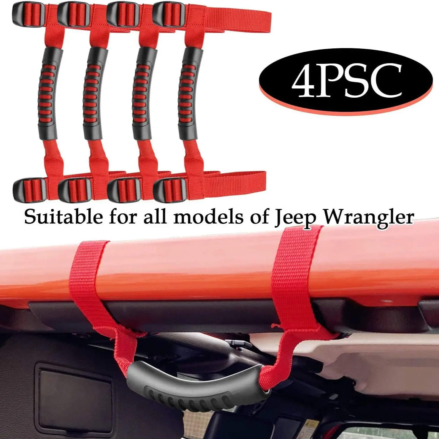 Set of 4 Roll Bar Heavy-Duty Grab Handles Compatible with Wrangler Models from 1987–2021, Fits YJ, TJ, LJ, JK, JL and Unlimited Versions, Strong Grip Handles for Easy Entry and Exit, Ideal Off-Road Interior, Vehicle Accessories