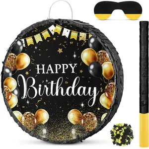 Large Birthday Piñata with Stick Blindfold and Confetti for Adult Men Women Birthday Party Wedding Anniversary Decoration Supplies(Black and Gold)