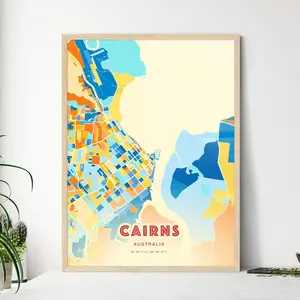 Colorful Cairns Australia Blue Orange Fine Art Print City Map Customizable Poster Personalized Gift