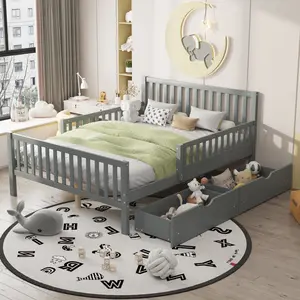Full Size Platform Bed Wood Frame with Guardrails on Both Sides and Two Storage Drawers,No Box Spring Needed