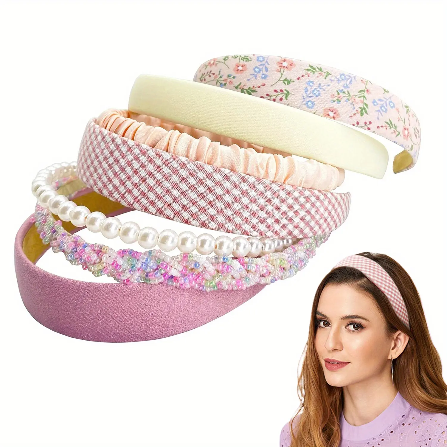 Women's 7pcs Cute Faux Pearl Beading Padded Fashion Set Headbands - Non-Slip Floral Print Hair Accessories, Vintage Wide/Thin Styles for Short Hair, Special Events & Gifts, Fashion Headbands