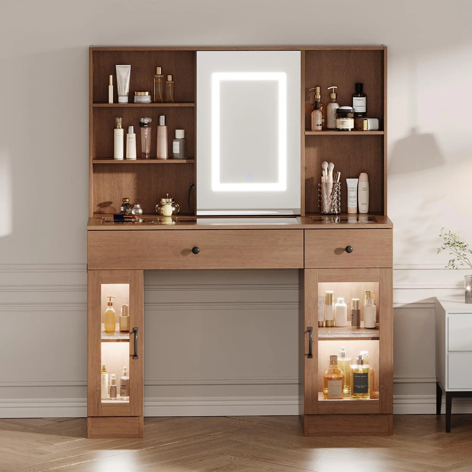 Glass Top Vanity Desk with Sliding LED Mirror, 3-Color Dimmable Makeup Vanity Table with Rainbow LED Glass Cabinet, Built-in USB & AC Charging Station, Storage Drawers, Sturdy MDF Dressing Table for b
