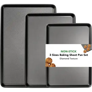 Carbon Steel Bakeware Baking Sheet Pan Set (Set of 3) - 0.8mm Thick Heavy-Duty Nonstick Trays with Diamond Texture, Half Sheet & Roll Pans for Oven Use, Carbon Steel Material