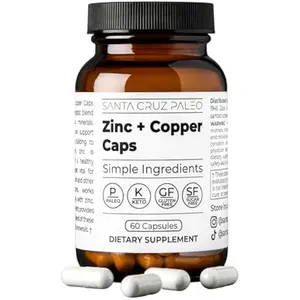Santa Cruz Paleo, Zinc & Copper Mineral Supplement, High Absorption Formula, Zinc Supplement for Skin & Hair, L Methionine, Copper Gluconate, Trace Minerals, Gluten Free, Keto, Paleo, 60 Capsules