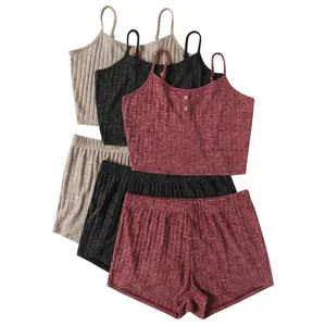 3 Sets for Women Ribbed Pajamas Crop Cami Top and Shorts Pjs Casual Sleeveless Button Lounge Set Sleepwear Womenswear Chic Pajamas set Cold wash Loungewear Underwear