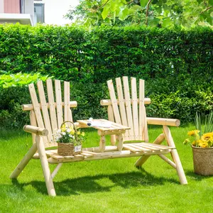 2-Seat Wooden Outdoor Loveseat Fire Pit Chair - Patio Bench with Table, High Backrests & Wide Armrests for Porch, Backyard, Classic Comfort Furniture