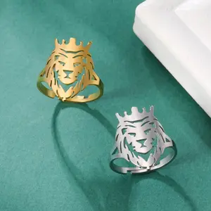 Lion King Crown Ring Boys Stainless Steel Adjustable Finger Ring Animal Head Daily Jewelry Gift