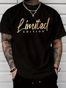 Men's Limited Edition Letter Print T-Shirt -  Polyester Breathable Summer Tee Suitable for Casual Casual Attire, Limited Edition Print, Round Neck Short Sleeve, Ideal for Gifts - Comfortable Casual Wear & Stylish Summer Outfits