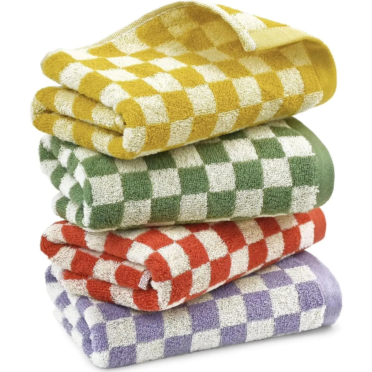 4-Pack Plaid Rectangular Cotton Towel Sets, Absorbent Soft Bathroom Hand Towels (13x29 in, 4 Colors) for Home Spa Gym Use