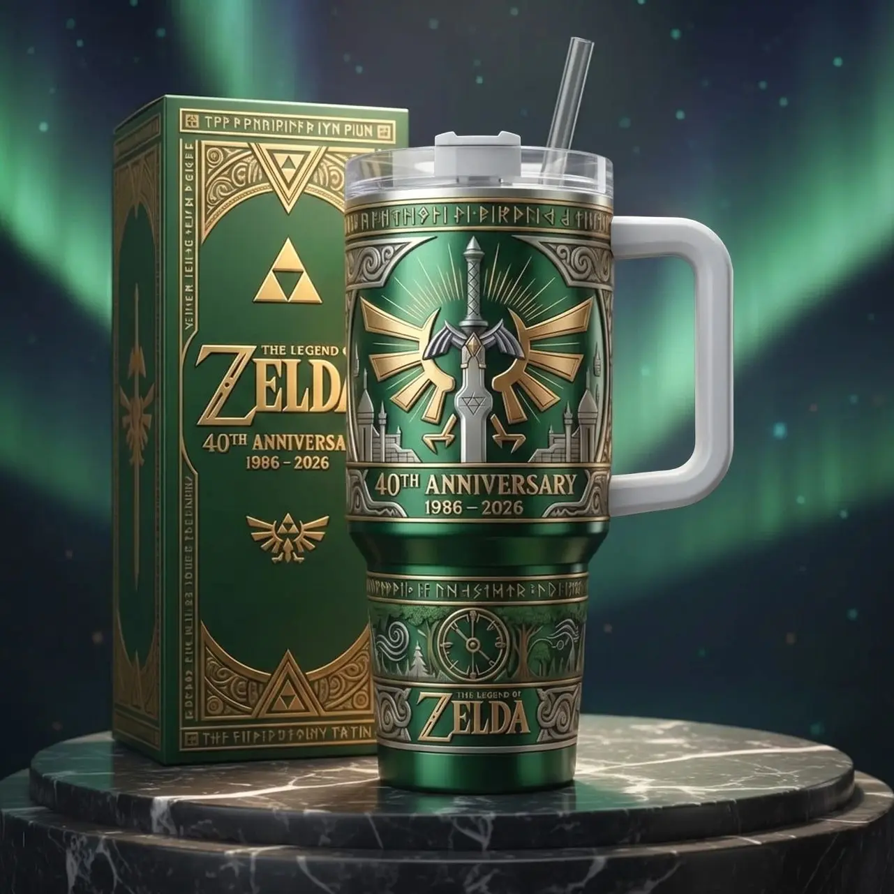 The Legend of Zelda 40th Anniversary 40oz Insulated Tumbler With Handle & Straw, 1986-2026 Collector Edition Stainless Steel Travel Mug, Master Sword & Triforce Gaming Cup, Zelda Fan Gift