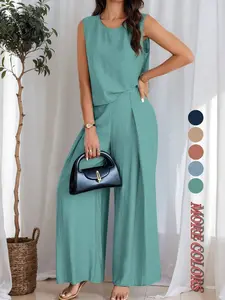 Two-Piece Set Women's Minimalist Solid Color Keyhole Back Tank Top & Wide Leg Pants, Casual Sleeveless Top & Elastic Waist Trousers for Summer, Ladies Clothes for Daily Wear