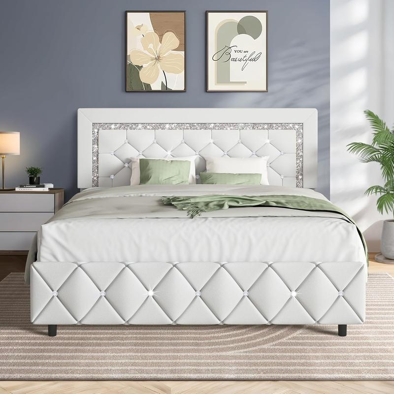 HOMBCK Diamond Bed Frame, No Mattress, Comfortable and Adjustable Headboard, Luxury Leather, Modern, Sturdy, No Box Spring Needed, Easy Assembly