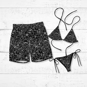 Tropical Floral Women's Sexy Bikini & Men's Swim Trunks Set, Polyester His & Hers Beach Vacation Matching Swimwear