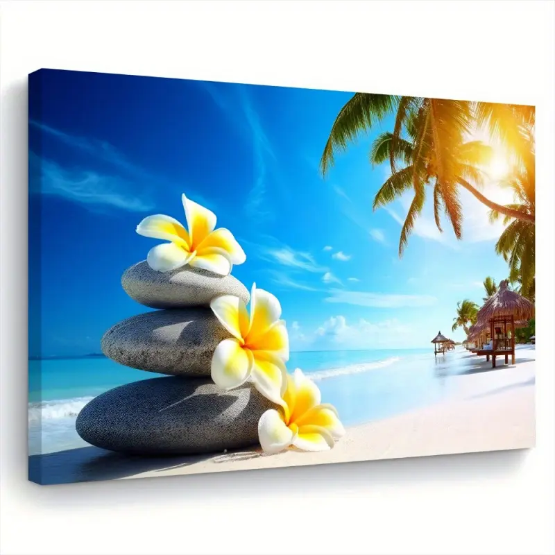 2D Flat, 1 Piece Tropical Beach Canvas Painting - Ready-to-Hang Coastal Art, Includes Plumeria and Stones, Suitable for Living Room, Bedroom, Kitchen - Ideal Housewarming Gift (/30x40cm), Beach Theme Decoration, Wall Art Decoration, Wooden Frame