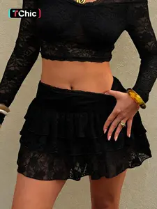 Women's Plain Lace Trim Ruffle Trim Skirt, Street Fashion Y2K Style Mini Skirt for Daily Wear, Ladies Summer Bottoms