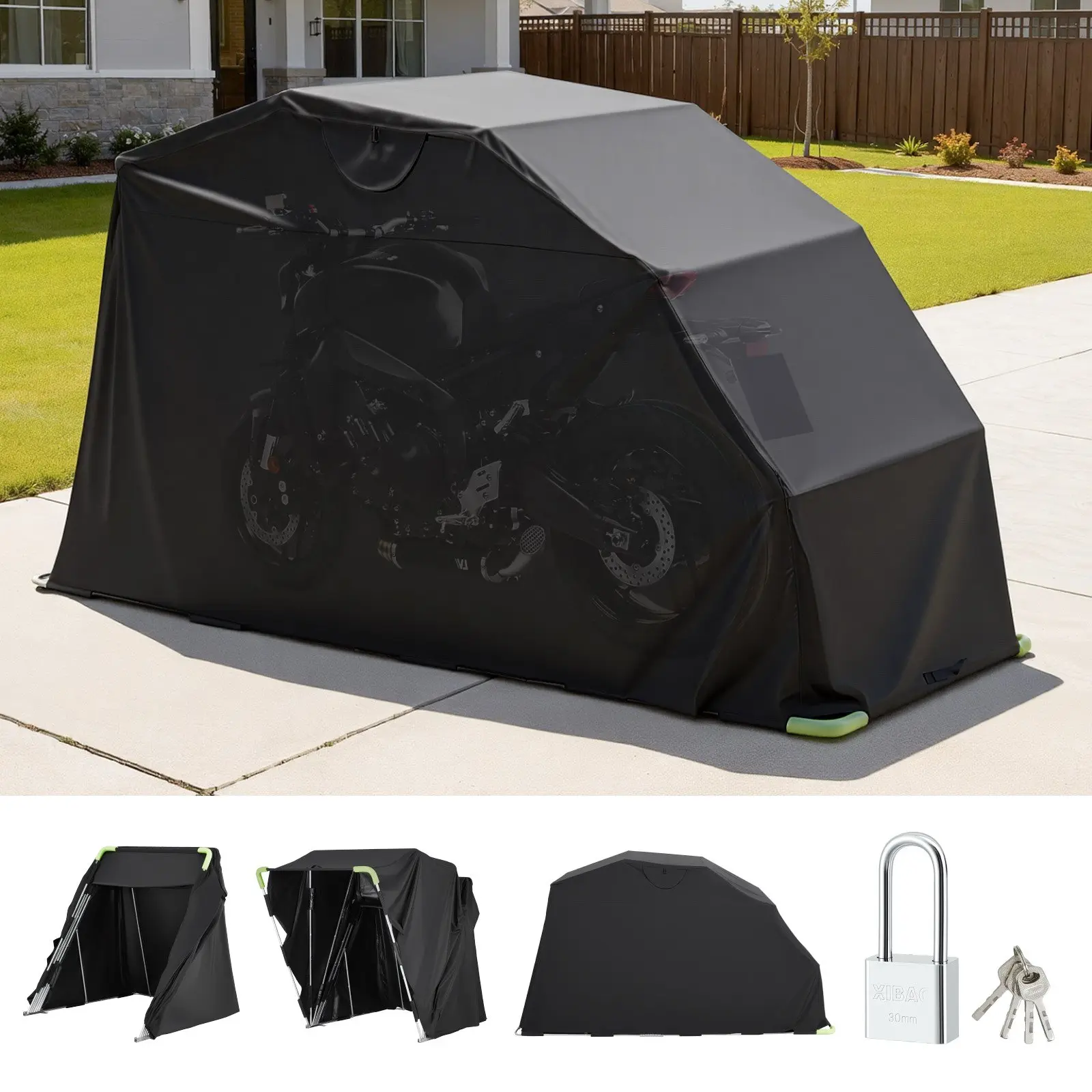 Heavy-Duty Oxford Fabric Motorcycle Storage Shelter, 600D Full Coverage All-Weather Tent with Security Lock, Ventilation Windows, Easy Setup & Flexible Fit, 136x54x75in Outdoor Black Shelter