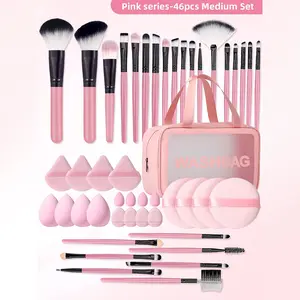 46PCS All-in-One Travel Makeup Essential Set: Waterproof Large-Capacity Zippered Cosmetic Bag + 25 makeup Brushes (Foundation/Blush/Eyeshadow) + 20 Velvet Triangle & Air Cushion Powder Puffs – Ideal for Beach Vacation, Daily Makeup & Gift-Giving