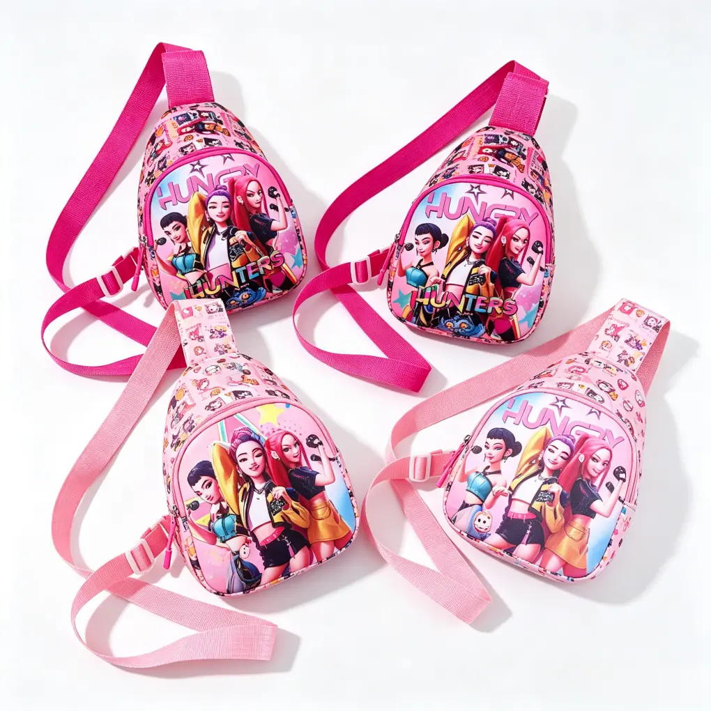 KPOP CHARACTER CHEST SLING BAG, Pink Printed Waterproof Mini Crossbody Fanny Pack, Adjustable Strap Lightweight Shoulder Sling Purse For Girls KPOP Fans Outdoor Travel Daily Use