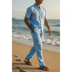 Men's 2-Piece Linen Blend Short Sleeve Shirt and Long Pants Set – Casual Button Down Top with Chest Pocket & Matching Drawstring Pants for Beach Vacation & Daily Wear (Light Blue, White, Black, Khaki, Grey)