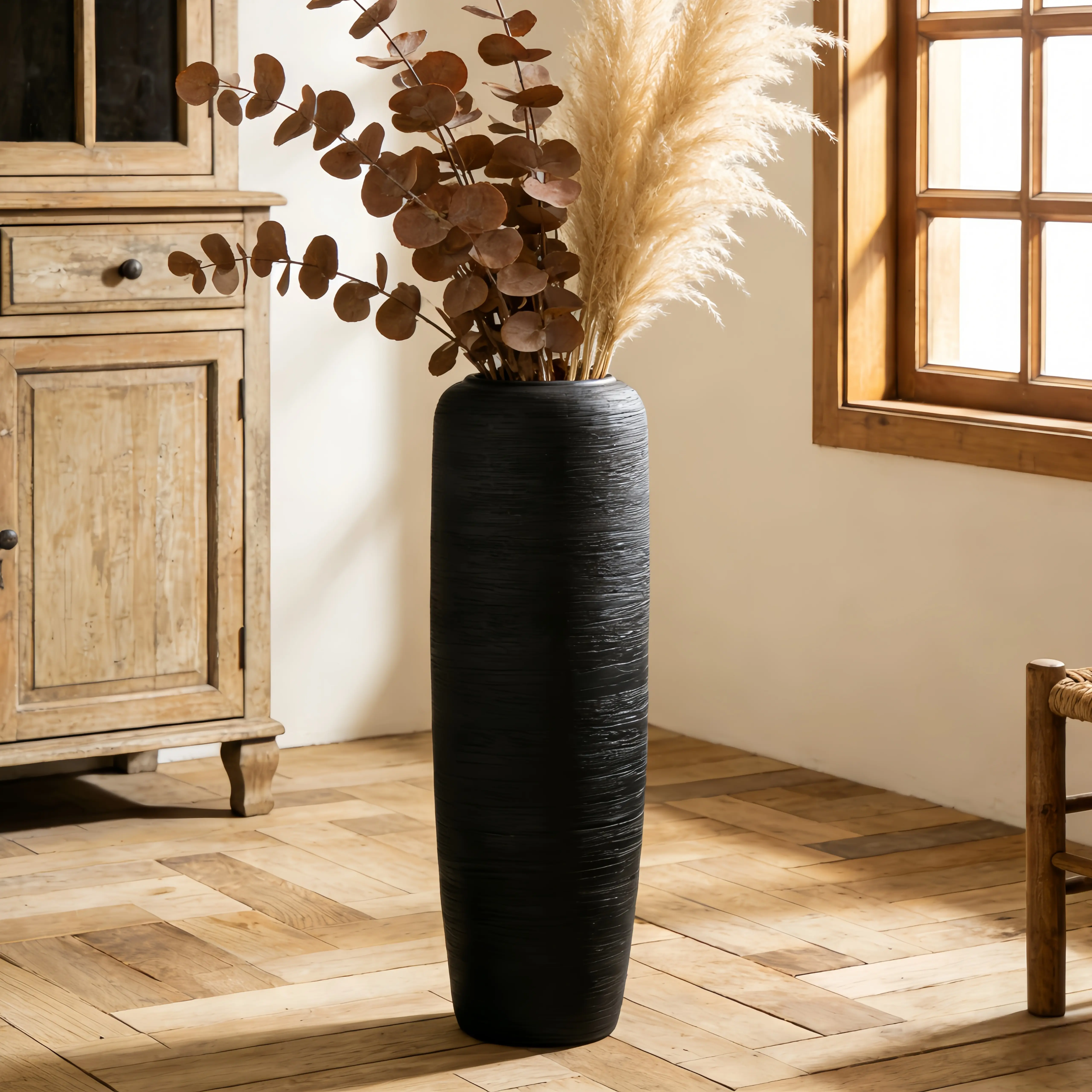 24" & 19.7" Textured Black Floor Vase | Modern Organic Ceramic Tall Vase for Pampas & Branches | Wabi-Sabi Aesthetic Handmade Pottery | Chic Room Decor Statement Piece for Living Room Entryway