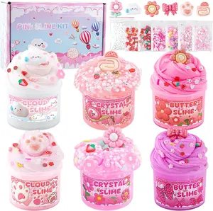 Easter Gift 6-Pack Gradient Pink Slime Kit – Cloud, Butter & Clear Slime with Crunchy Add-ins, Non-Sticky Party Favors for Kids, 360ml Slime