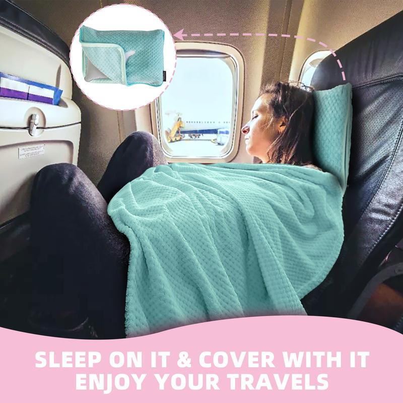 3 in 1 Travel Blanket Pillow Set - 350/280 GSM Thick Travel Blanket Airplane Compact with Bag, Soft Bag with a Pocket, Inflatable Travel Pillow for Camping & Car Trip