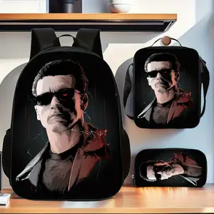 3-piece Terminator-themed backpack set, featuring Terminator face designs and iconic movie logos--includes a large-capacity school bag, laptop bag, and crossbody bag, with adjustable shoulder straps, zipper closure, washable by hand, Terminator character