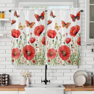 Two Pieces of Polyester Short Curtains Featuring Red Poppy Flowers Paired with Colorful Patterns, Suitable for Kitchen And Bedroom Windows, Adding a Lively Natural Touch to Home Decor