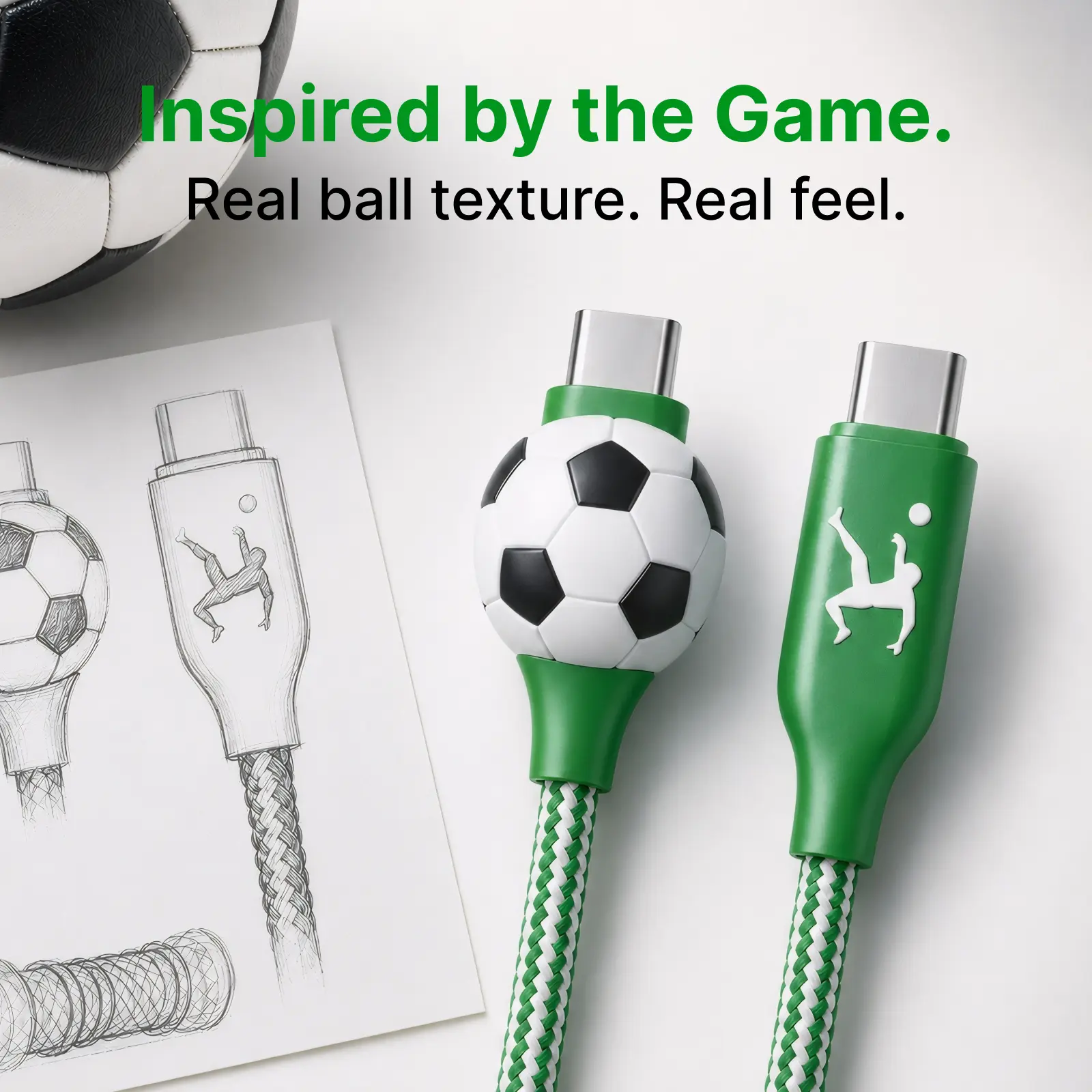 Enerzoom Football Inspired Charging Cable 3D Soccer Texture Design Desk Gear Not Just a Cable Sports Culture Emotional Desk Setup PD Fast Charging USB C c cord for Gamers Creators Football Fan usb-c data fast usb c usbc pd ultra-fast charging data sync