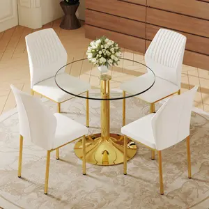 5 Pieces Dining Table Set. A 35" Transparent Tempered Glass Round Dining Table-Gold Metal Bracket and Base.Paired with 4 WHITE PU Material High Resilience Dining Chair with Metal Gold Leg.