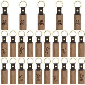 25Counts Wooden Keychain Blanks DIY Blank Wood Keychains with Leather Straps Walnut Wood Keyring Blanks Unfinished Wooden Keychains for Engraving Key Tags Wood Crafts